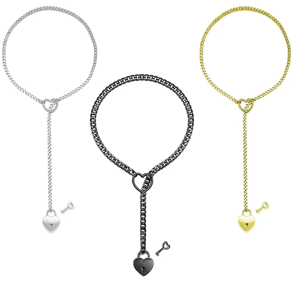 Adjustable Heart O-Ring Punk Rock Cuban Chain Necklace â Lariat Y-Style Necklace with Key & Heart Lock Pendant