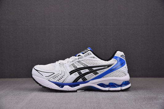 Asics Gel-Kayano 14 White with Black and Blue Accents.